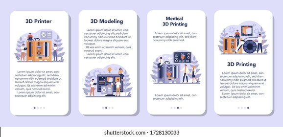 3D Printing technology mobile application banner set. 3D printer equipment and engineer. Modern prototyping and construction. Isolated vector illustration