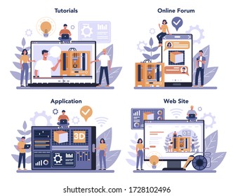 3D-Drucktechnologie Online-Service oder Plattform-Set. 3D-Druckerausrüstung und -ingenieur. Online-Forum, Tutorial, Website und Anwendung. Modernes Prototyping und Konstruktion. Vektor-Abbildung