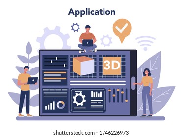 3D Printing technology online service or platform. 3D printer equipment and engineer. Application. Modern prototyping and construction. Vector illustration