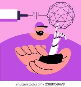 3D printing technology. A 3D printer prints a model using AI control. Flat vector illustration in cartoon style.