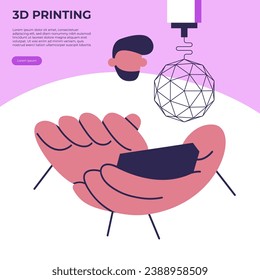 3D printing technology. The 3D printer prints the model using control from the engineer’s phone. Flat vector illustration.
