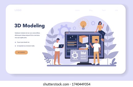 3D Printing technology web banner or landing page. 3D printer equipment and engineer. Modern prototyping and construction. Isolated vector illustration