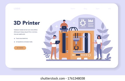 3D Printing technology web banner or landing page. 3D printer equipment and engineer. Modern prototyping and construction. Isolated vector illustration