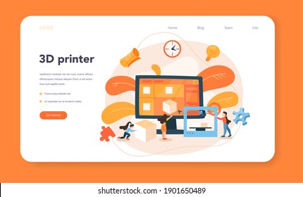 3D Printing technology web banner or landing page. 3D printer equipment and engineer. Modern prototyping and construction. Isolated vector illustration