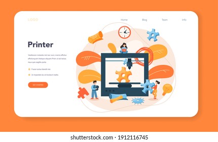 3D Printing technology web banner or landing page. 3D printer equipment and engineer. Modern prototyping and construction. Isolated vector illustration