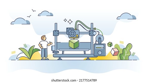3D printing with three dimensional plastic printer hardware outline concept. Machine for prototype manufacturing and development vector illustration. Futuristic professional peripheral device usage.