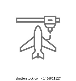 3d printing a toy airplane model, industrial printer line icon.