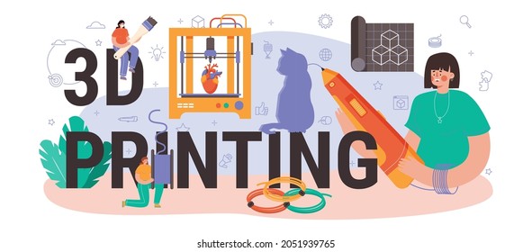 3D printing typographic header. Digital designer drawing with electronic tools and equipment. Layout or model creation with 3D printing equipment. Flat vector illustration