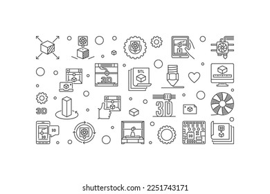 3d Printing vector Additive Manufacturing concept horizontal minimal banner in outline style