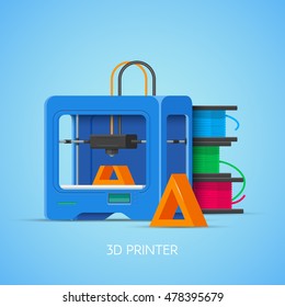 3D printing vector concept poster in flat style. Design elements and icons. Industrial 3D printer.