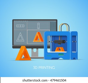3D printing vector concept poster in flat style. Design elements and icons. Industrial 3D printer print objects from computer model.
