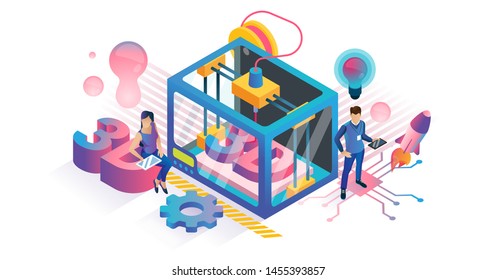 3D printing vector illustration. Isometric plastic product DIY technology concept. Polymer texture model manufacturing prototype. Digital equipment for innovative three dimensional work construction.