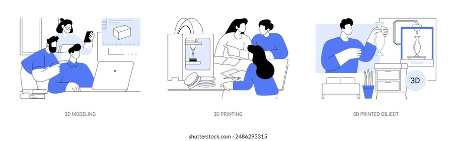 3D printing workshop isolated cartoon vector illustrations set. Group of diverse people modelling with software, use 3D printer, prototype creation, make own 3D object, decorate home vector cartoon.