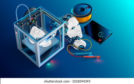 3d printing workshop. 3d printer printed Robot head. Robot parts manufacturing with additive technology. 3d printing equipment, plastic filament, and tools used in engineering and prototyping industry