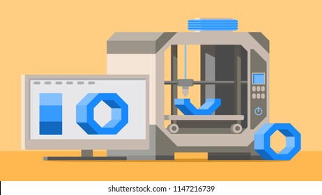 3D printing.Production process concept.Desktop computer.Digital model on screen.Technology of manufacturing.