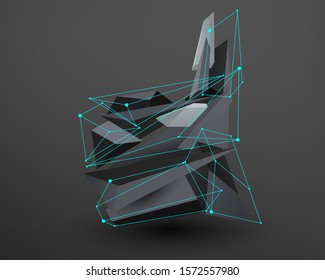 3D prism font with neon line connected. Alphabet - D