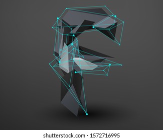 3D prism font with neon line connected. Alphabet - F