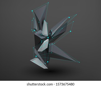 3D prism font with neon line connected. Alphabet - K