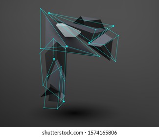 3D prism font with neon line connected. Alphabet - R