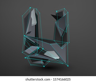 3D prism font with neon line connected. Alphabet - U