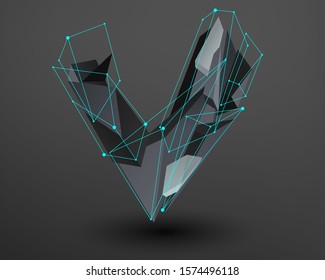3D prism font with neon line connected. Alphabet - V