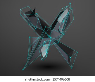 3D prism font with neon line connected. Alphabet - X