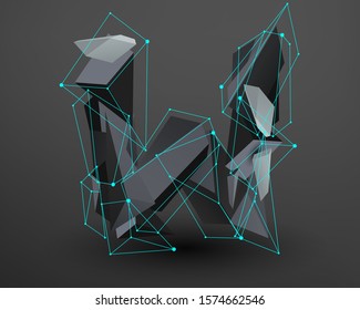 3D prism font with neon line connected. Alphabet - W