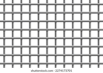 3d prison cage vector illustration. Realistic vertical metal jail bars, iron grid mesh of crossed rods, closed square gaol lattice from pipes for arrest and punishment of criminals in jailhouse.