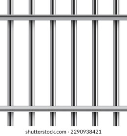 3d prison cage vector illustration. Realistic vertical and two horizontal metal jail bars, iron grid mesh of crossed rods, gaol lattice from pipes for arrest and punishment of criminals in jailhouse.