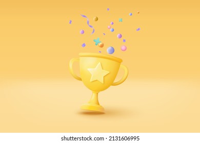 3d Prize Winner Icon With Golden Cup, Gold Winners Stars With Objects Floating Around On Gold Background. 3d Rewards Ceremony Concept With Style. 3d Prize Icon Vector Render For Christmas And New Year