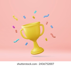 3d prize winner icon with golden cup, winners stars with objects floating around. prize award with confetti. 3d rendering. Vector illustration