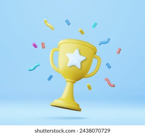 3d prize winner icon with golden cup, winners stars with objects floating around. prize award with confetti. 3d rendering. Vector illustration.