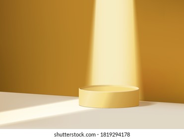 3d product abstract minimal scene spotlight with geometric platform. spotlight background vector 3d render with podium. scene to show cosmetic product spotlight. product showcase on 3d yellow scene 