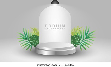 3d product background featuring podium scene with green leaf geometric platform. vector 3d render background with podium. vector illustration eps 10.