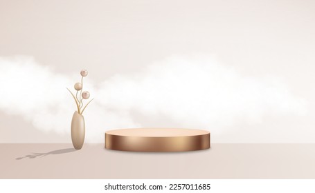 3D Product background with podium and flowers ball in vase,Backdrop Background Beige color with clouds on wall Room,Vector studio scene with stand for product presentation Spring,Summer,Mother Day 