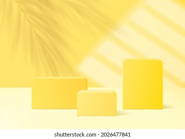 plataforma de fondo 3d para pantalla de producto con luz amarilla moderna. Vector de fondo 3d renderizado hojas de palma plataforma de podio. stand show cosméticos. Muestra de escena en el estudio de luz peatonal moderno