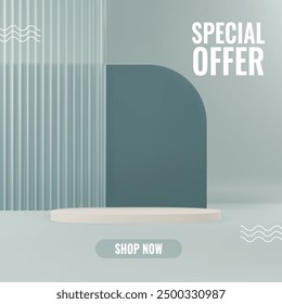 3D product display background. Realistic podium background with reeded translucent glass. Product platforms for promotion and sales. Minimal vector scene in grounding hues