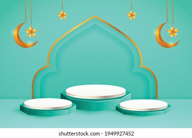 3d product display blue and white podium themed islamic with crescent moon and star for ramadan