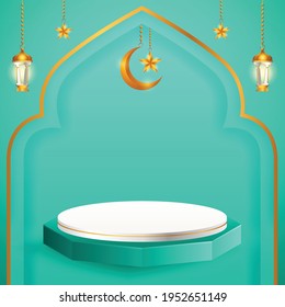 3d product display blue and white podium themed islamic with crescent moon, lantern and star for ramadan
