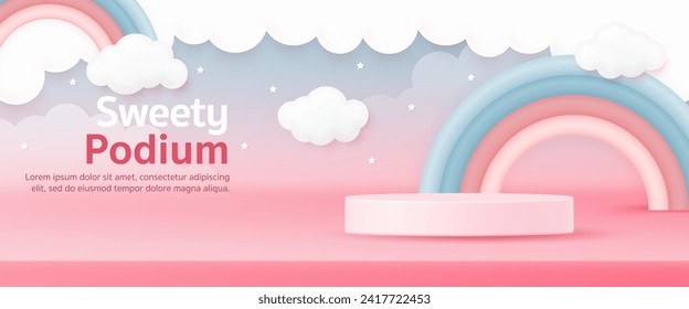 3D-Produktdisplay-Zylinder Ständer-Podium. Regenbogen auf blauem Hintergrund für den Valentinstag-Verkauf, Kinderbanner, Kindertag, Vorlage für soziale Medien, Rabattverkaufsförderung, Gutschein, Post