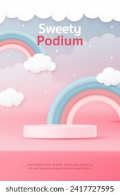 3D product display cylinder stand podium. Rainbow in blue sky background for Valentine day sale, kid banner, children day, social media template, discount sale promotion, voucher, post