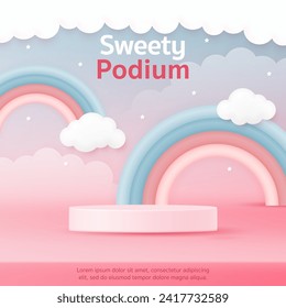 3D product display cylinder stand podium. Rainbow in blue sky background for Valentine day sale, kid banner, children day, social media template, discount sale promotion, voucher, post