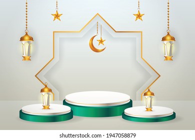 3d product display green and white podium themed islamic with crescent moon, lantern and star for ramadan