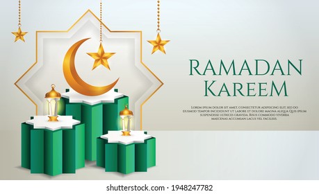 3d product display green and white podium themed islamic with crescent moon, lantern and star for ramadan