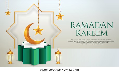 3d product display green and white podium themed islamic with crescent moon, lantern and star for ramadan