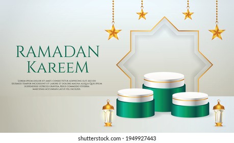 3d product display green and white podium themed islamic with lantern and star for ramadan