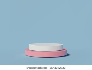 Maqueta de exhibición de producto 3D con un podio cilíndrico blanco sobre una base rosa contra un fondo azul calmante, marca minimalista, publicidad y conceptos de presentación modernos