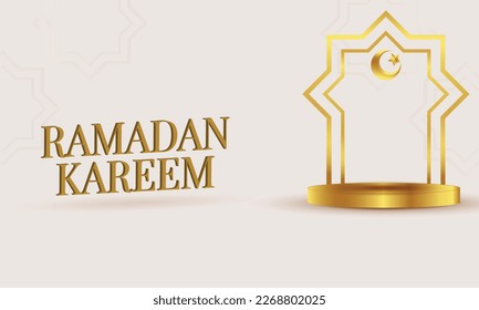 3d product display off white podium themed islamic with crescent gold moon, and star for ramadan