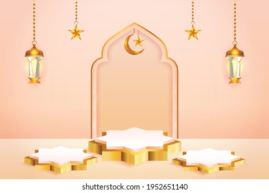 3d product display peach color and gold podium themed islamic with crescent moon, lantern and star for ramadan