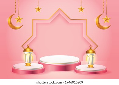 3d product display pink and white podium themed islamic with crescent moon, lantern and star for ramadan